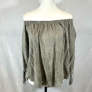 Jella Coutour olive green acid washed off shoulder top size medium